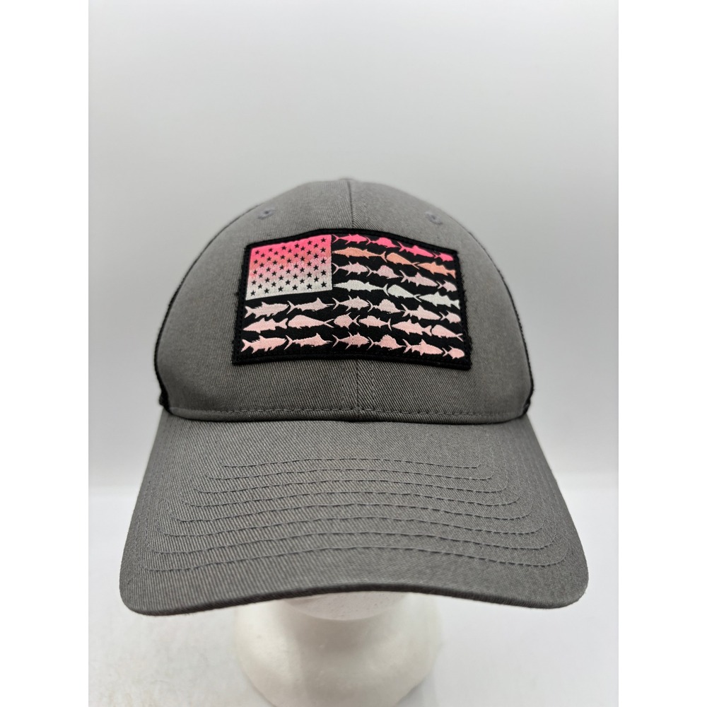 Columbia PFG Mesh Snapback Hat Gray Black Fish American Flag Patch Trucker Cap